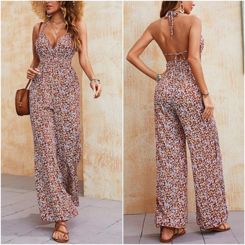 Boho Floral Print Open Back Tie Halter Jumper Jumpsuit - Picture 1 of 8